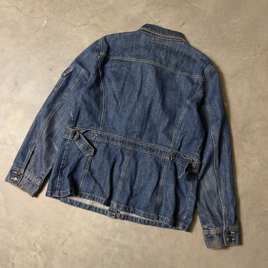 Vintage Crazy Horse Denim Safari Jacket Womens XL Blue Utility Gorpcore Y2K