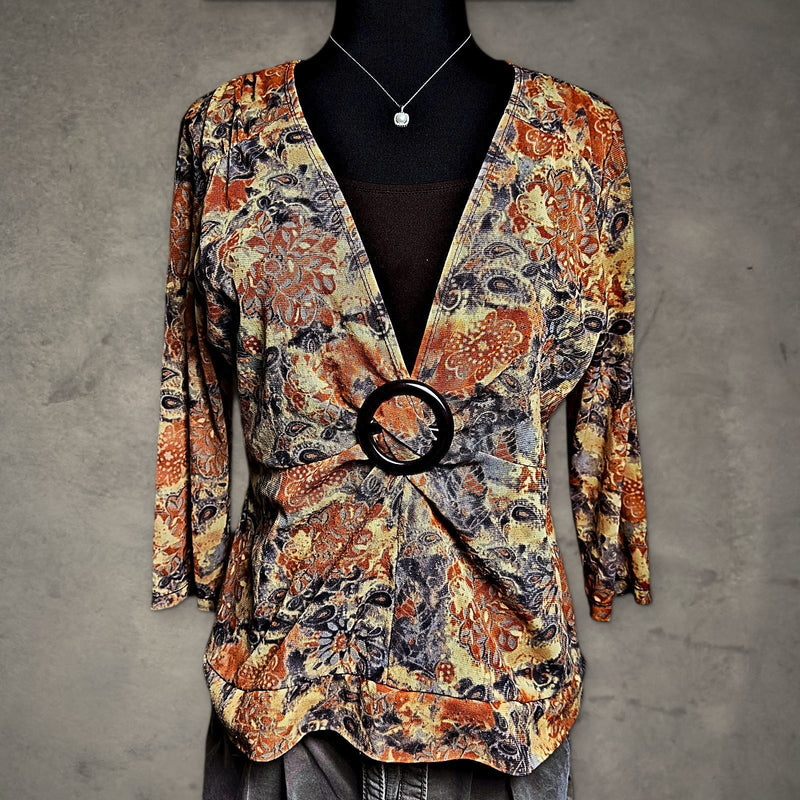 Notations Ring Buckle V Neck Top Womens XL Orange Paisley