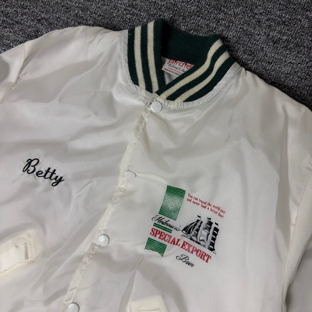 Birdie Heileman's Beer Satin Bomber Jacket S White Green