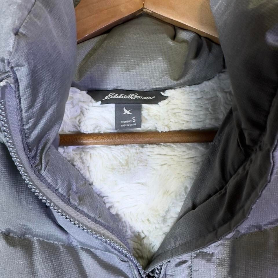 Eddie Bauer Women's Long Goose Down Puffer Parka Coat Faux Fur Hood Gray