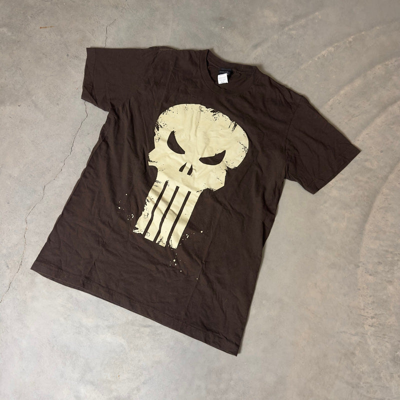 Y2K Marvel Mad Engine Punisher Skull T-Shirt Mens L Brown