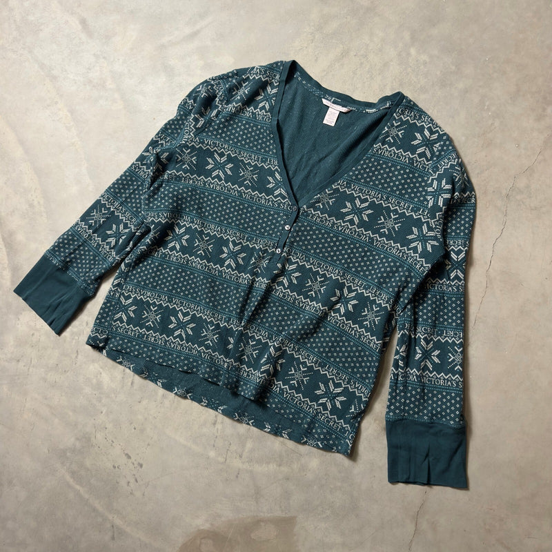 Victoria's Secret Thermal Cardigan Women XXL Teal Fair Isle