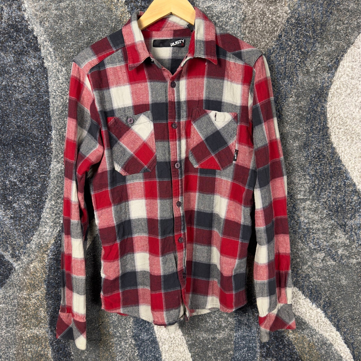 Y2K Rusty Plaid Flannel Shirt Mens S Red Black Surf Skater