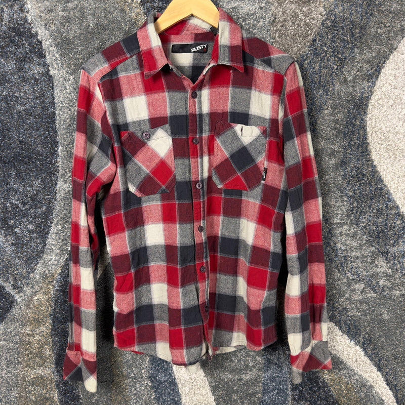 Y2K Rusty Plaid Flannel Shirt Mens S Red Black Surf Skater