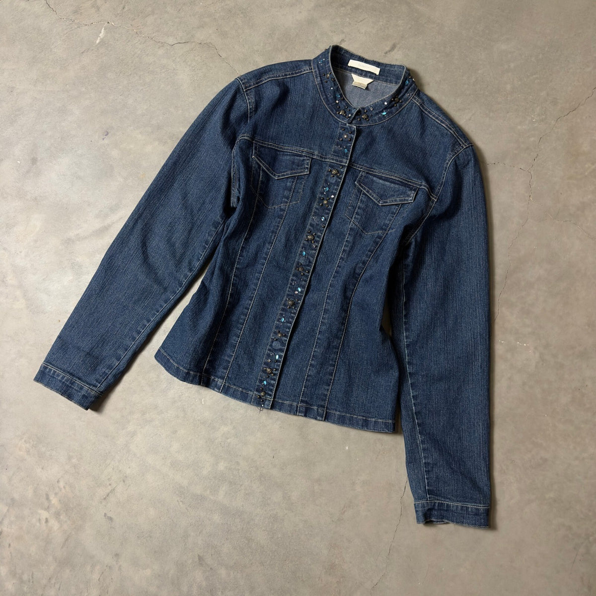 Vintage Christopher & Banks Denim Jacket Womens Medium Blue Embellished Y2K Boho