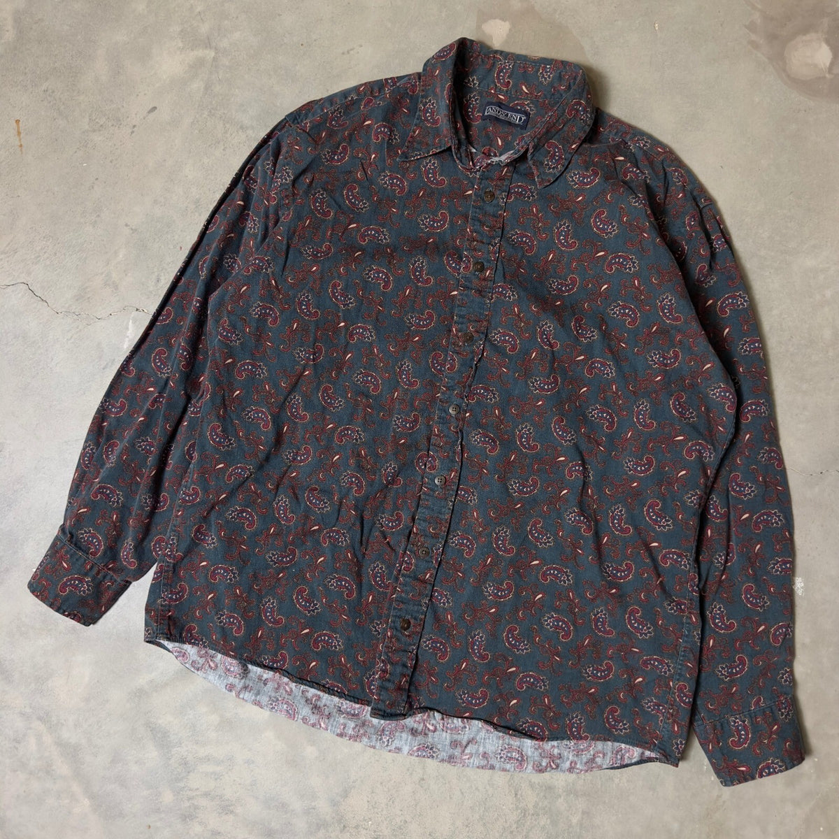 Vintage Lands End Paisley Button Down Shirt Mens XL Navy 90s Heritage Preppy
