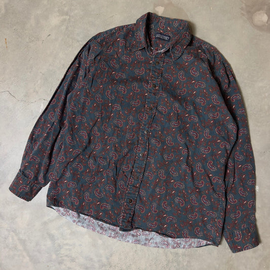 Vintage Lands End Paisley Button Down Shirt Mens XL Navy 90s Heritage Preppy