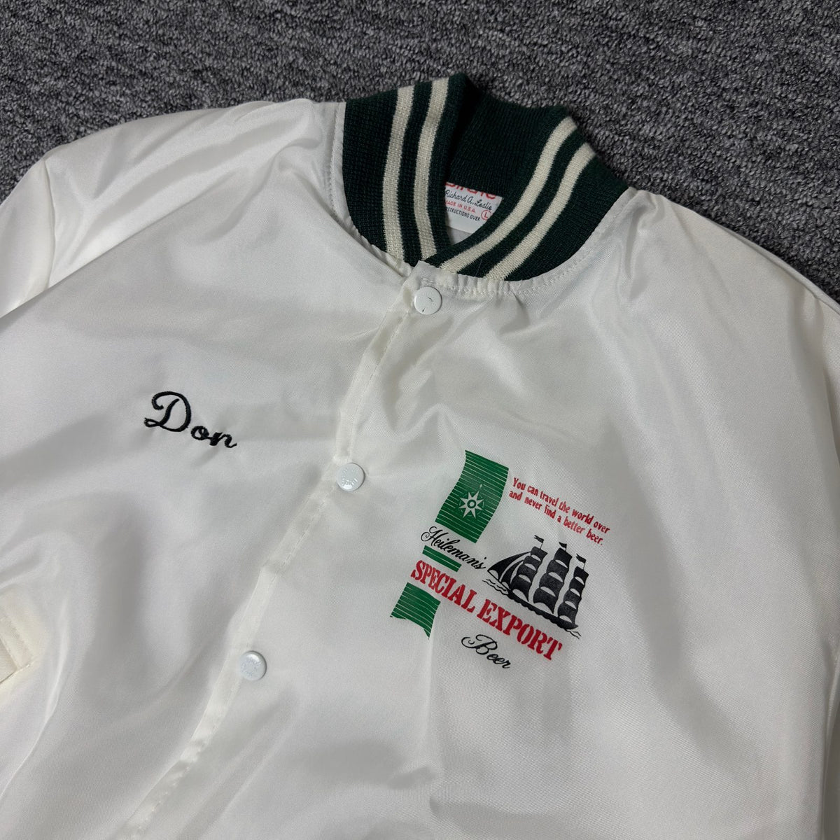 Birdie Heileman's Beer Satin Bomber Jacket L White Green