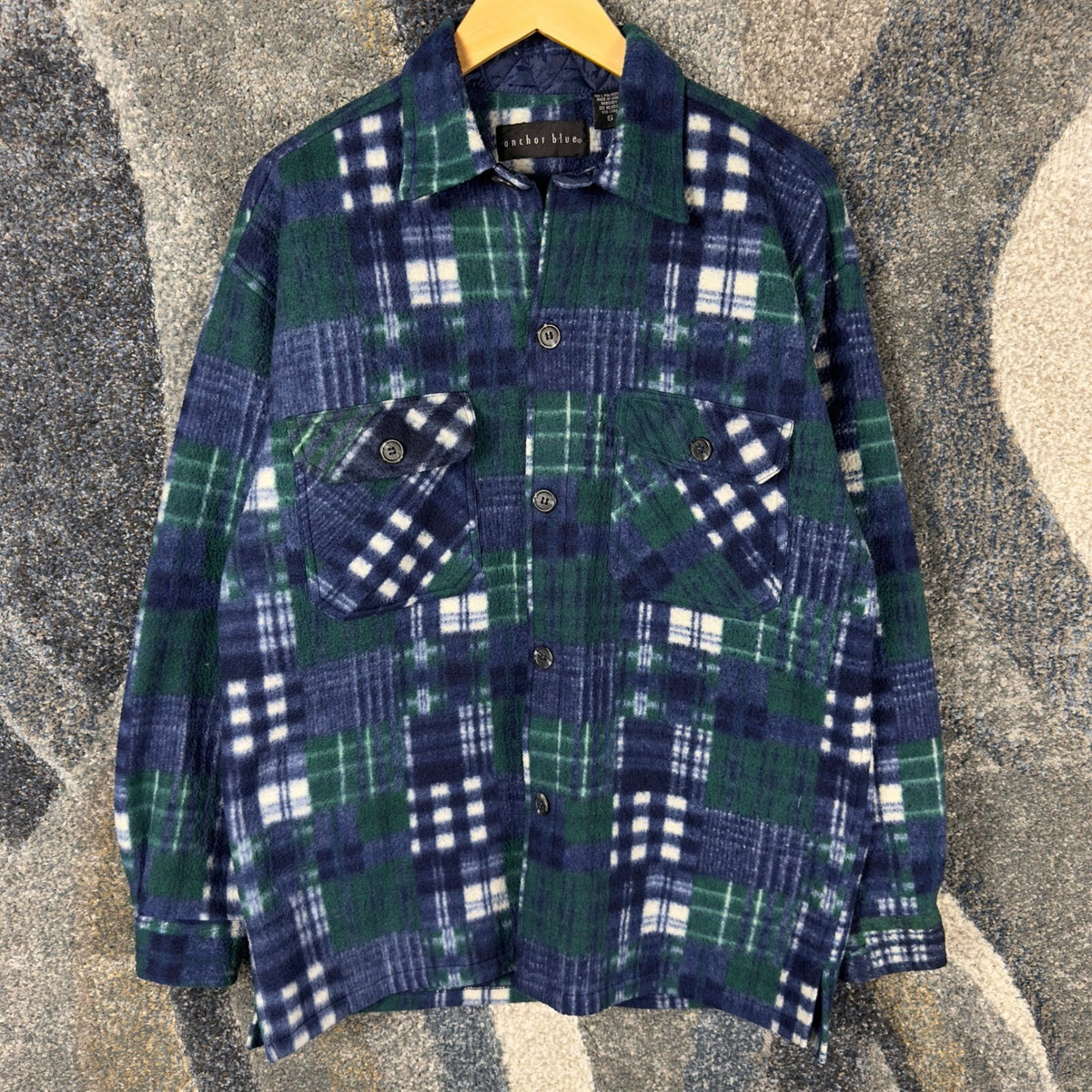 Vintage Anchor Blue Fleece Plaid Shirt Mens S Blue Green