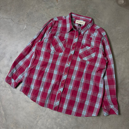 Bit & Bridle Western Pearl Snap Plaid Shirt Womens 1X Pink