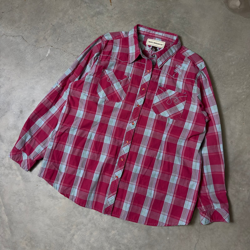 Bit & Bridle Western Pearl Snap Plaid Shirt Womens 1X Pink