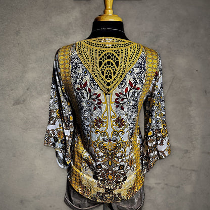 World Unity Boho Floral Crochet Back Blouse Womens S Yellow