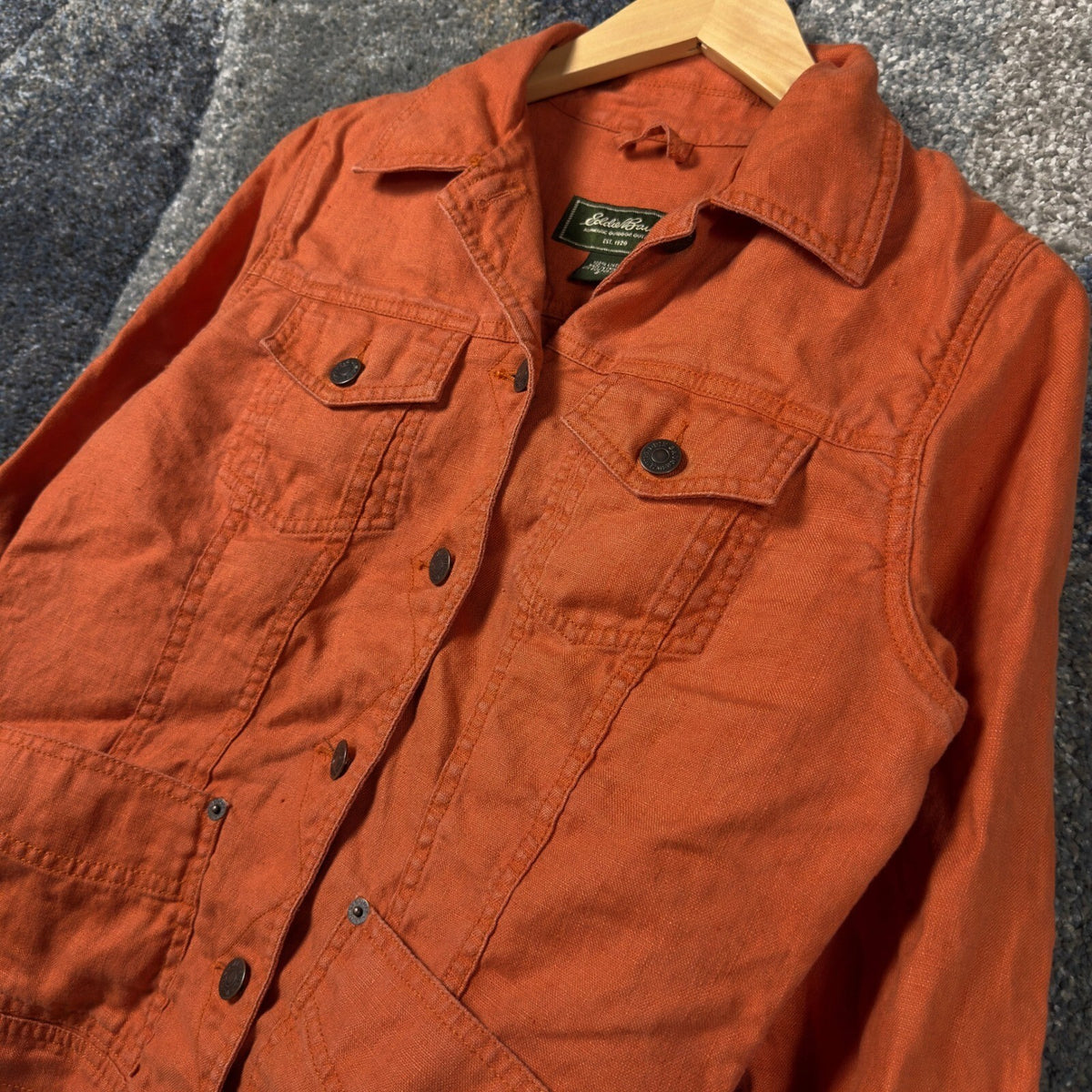 Eddie Bauer Linen Trucker Jacket Womens S Burnt Orange