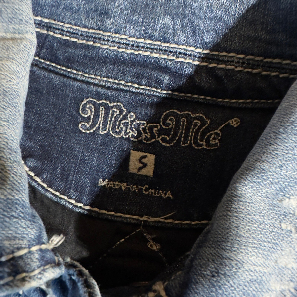 Y2K Miss Me Denim Jacket Womens S Blue Embroidered Cross Back Distressed McBling