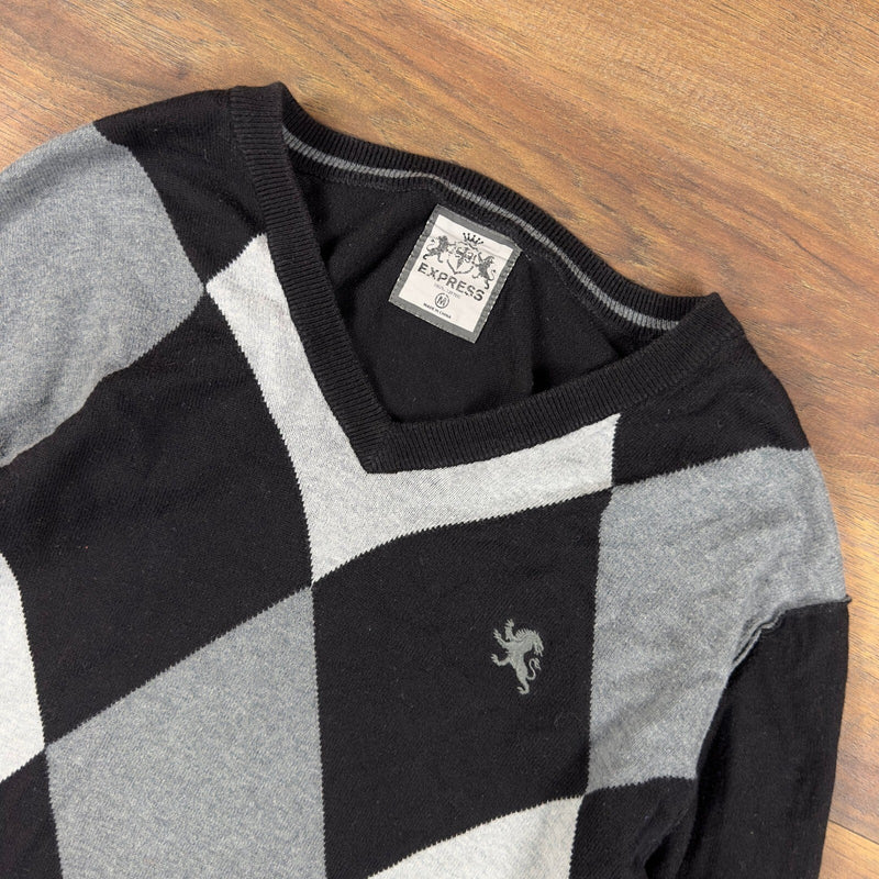 Y2K Express Argyle V-Neck Sweater Mens M Black Grey Knit