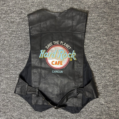 Hard Rock Cafe Cancun Leather Vest Size CH Black Biker