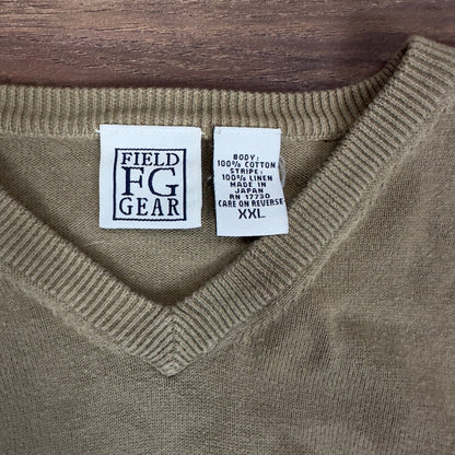 Field Gear Mens Vintage XXL V-Neck Sweater Linen Cotton Neutral Tan Striped 1157