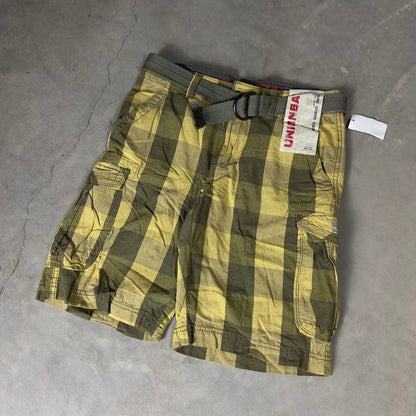NWT Y2K Unionbay Plaid Cargo Shorts Mens 30 Green Tan Baggy