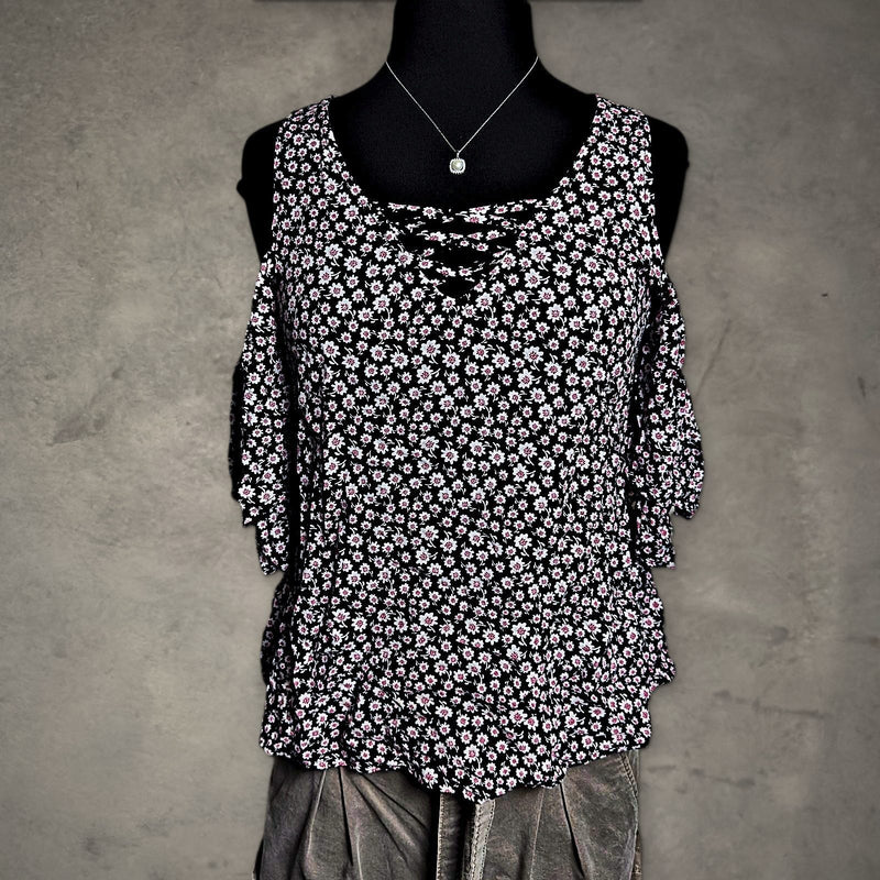 SO Cold Shoulder Floral Top Womens M Black Pink Boho