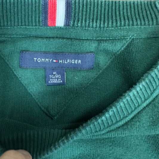 Tommy Hilfiger Mens XL Forest Green Crewneck Sweater Relaxed Fit Preppy Swag