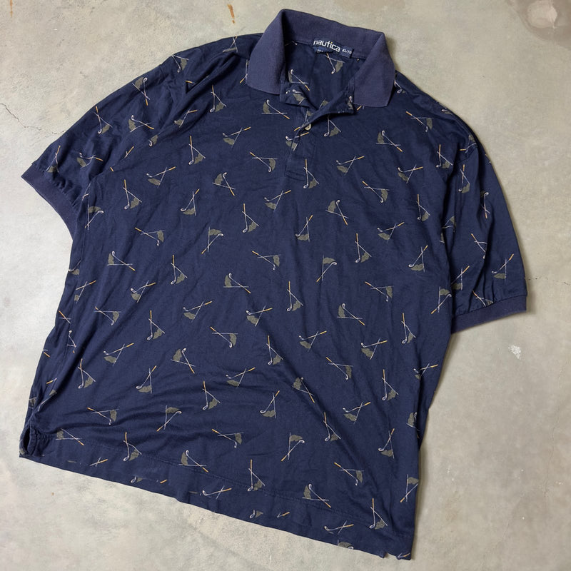 Vintage Nautica Golf Club Print Polo Mens XL Navy Cotton
