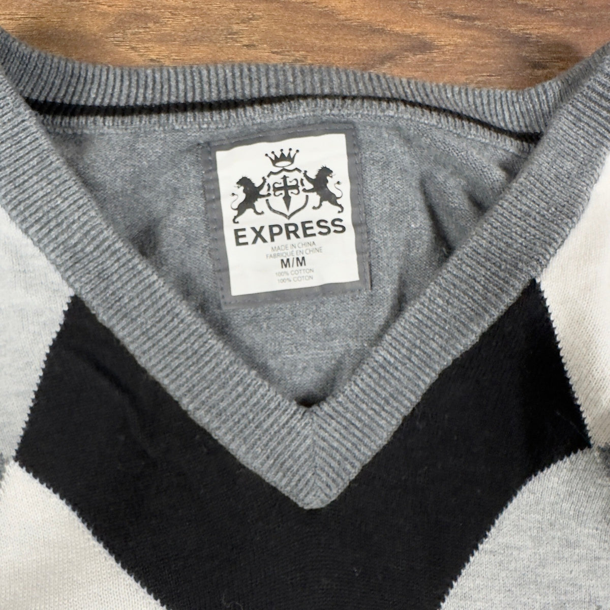 Y2K Express Argyle V-Neck Sweater Mens M Grey Black White