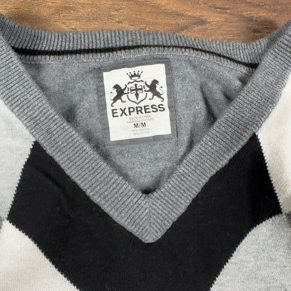 Y2K Express Argyle V-Neck Sweater Mens M Grey Black White