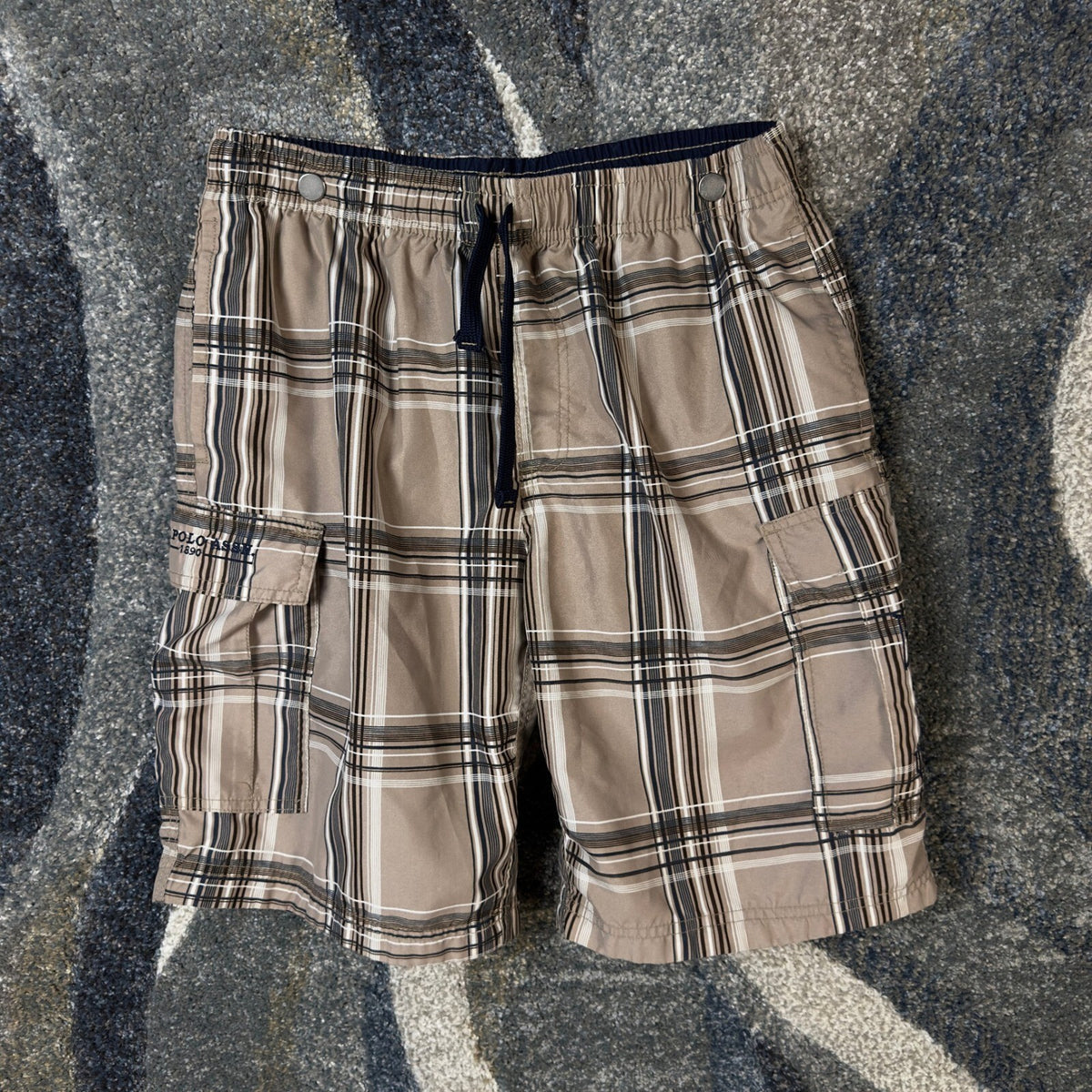 US Polo Assn Plaid Swim Trunks Mens L Tan Navy Board Shorts