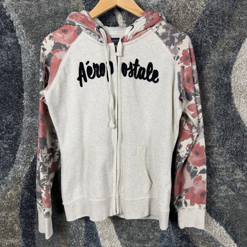 Aeropostale Zip Hoodie Womens M Floral Oatmeal Y2K Style