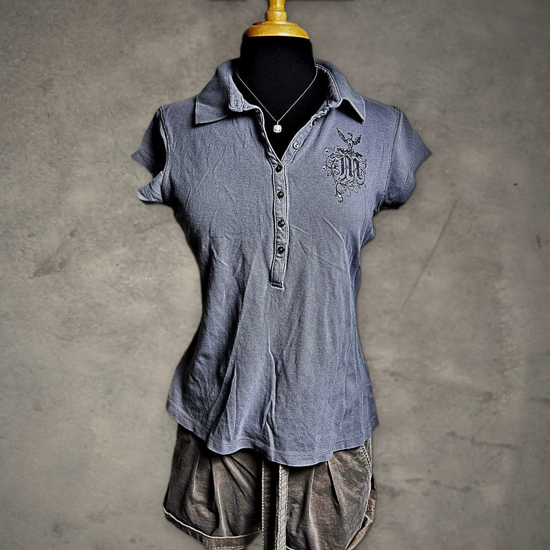 Mixit Rhinestone Graphic Polo Womens L Gray Cap Sleeve