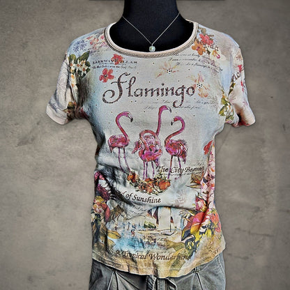 Flower N Ring Flamingo Graphic Tee Womens M Tropical Floral