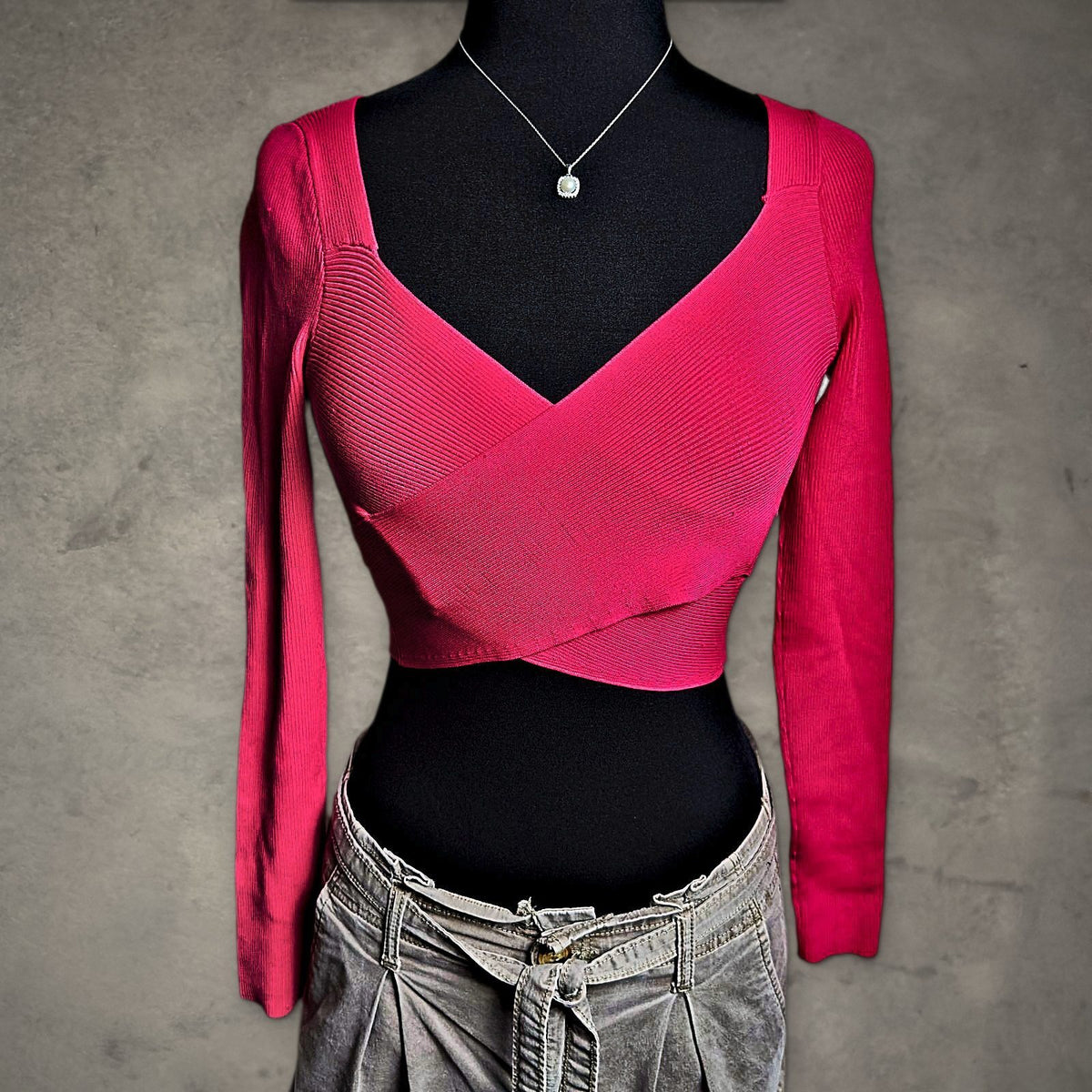 Express Body Contour Ribbed Wrap Crop Top Womens S Hot Pink