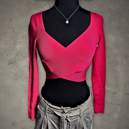 Express Body Contour Ribbed Wrap Crop Top Womens S Hot Pink