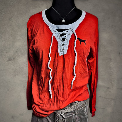 Victoria's Secret PINK Lace Up Long Sleeve Tee Womens XS Red