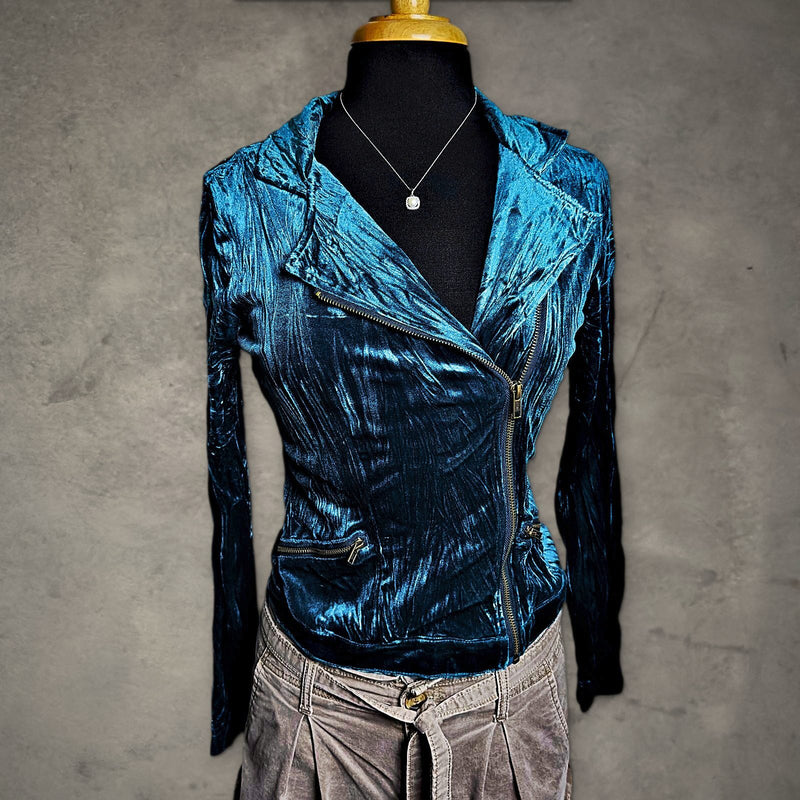 Mudd Crushed Velvet Biker Jacket Womens S Teal Blue