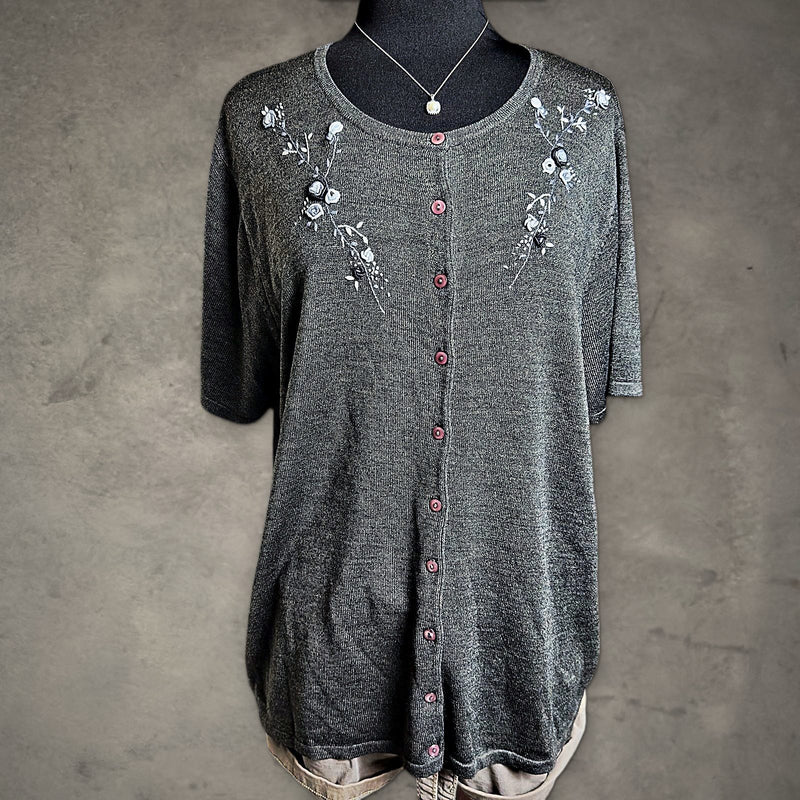 Vintage Fashion Bug Floral Cardigan Womens 22/24 Gray Plus