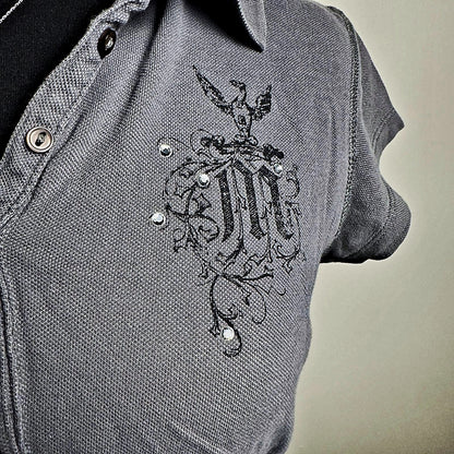 Mixit Rhinestone Graphic Polo Womens L Gray Cap Sleeve