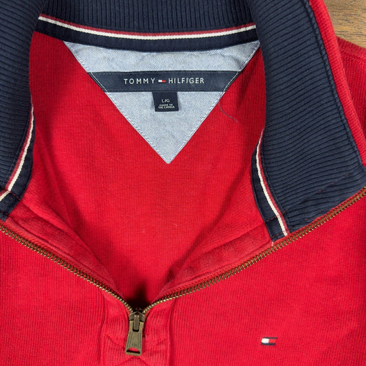 Tommy Hilfiger Red Ribbed Quarter Zip Sweater Mens L Preppy