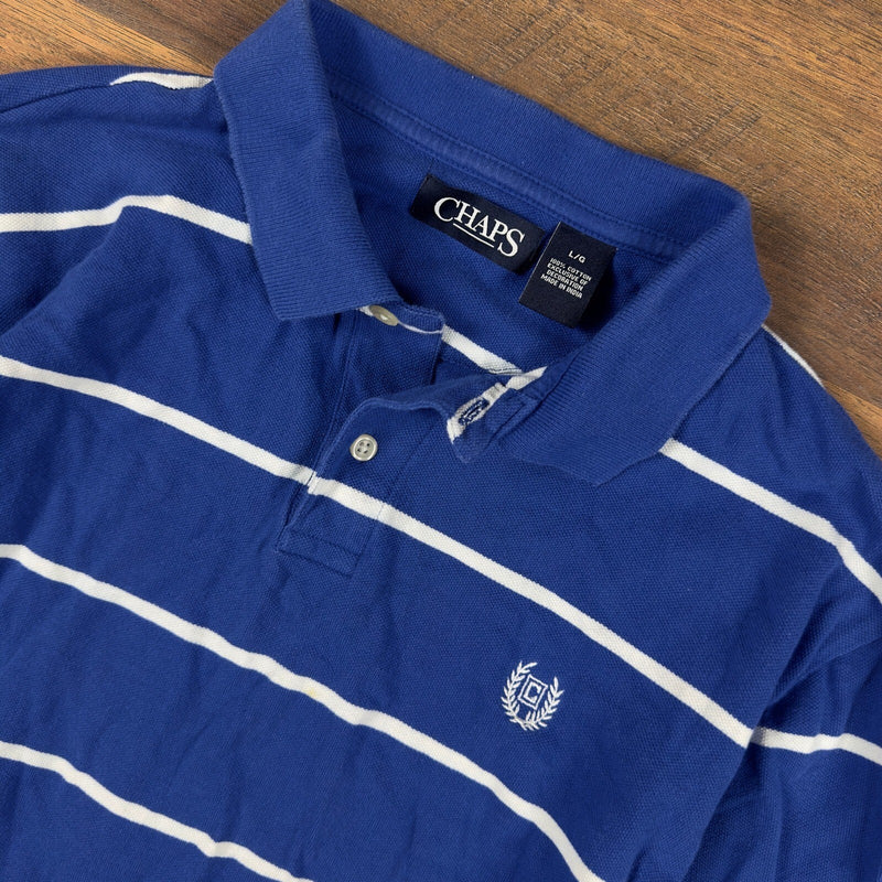 Chaps Striped Polo Shirt Mens L Blue White Preppy Nautical
