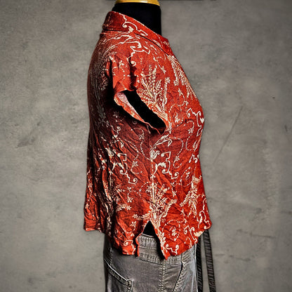 Tahari Linen Polo Top Womens S Rust Orange Damask Boho