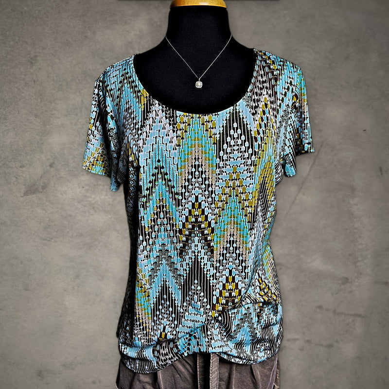 Vintage Notations Chevron Print Top Womens L Blue Brown