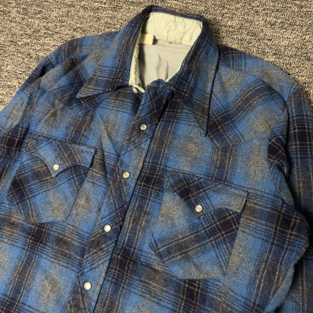 Wool Western Pearl Snap Flannel Shirt Mens Blue Plaid Ranch