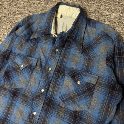 Wool Western Pearl Snap Flannel Shirt Mens Blue Plaid Ranch