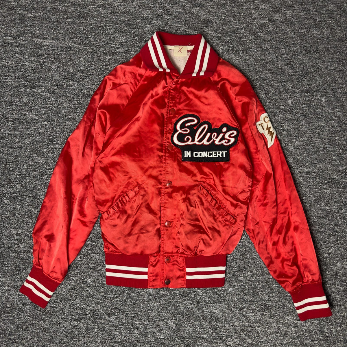 Elvis In Concert TCB Satin Bomber Jacket Red Snap Front