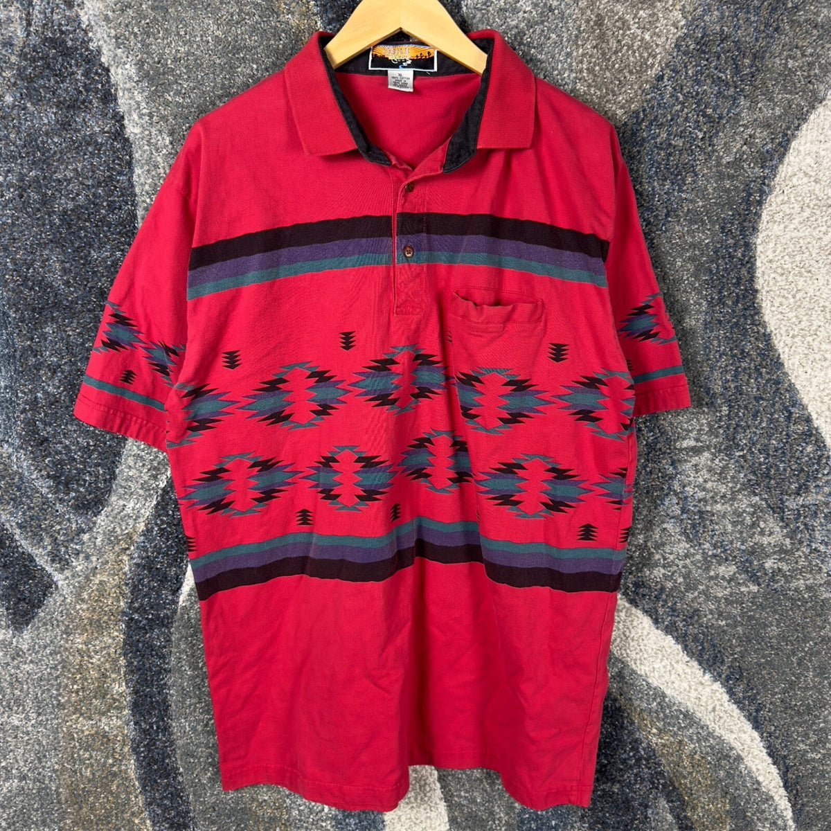 Vintage Cripple Creek Aztec Polo Shirt Mens XL Red Western