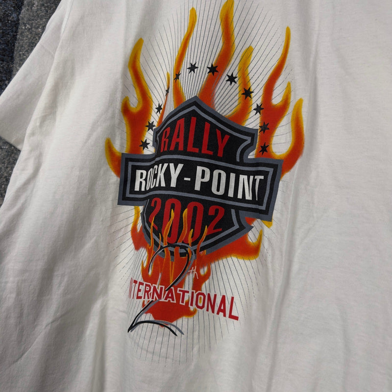 Vintage 2002 Rocky Point Rally Tee Mens L White Flame Y2K