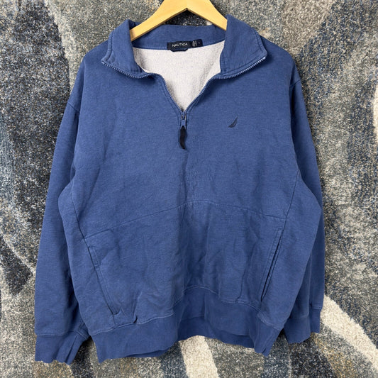 Vintage Nautica Quarter Zip Sweatshirt Mens L Blue Mock Neck