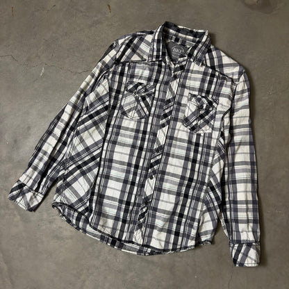 BKE Relaxed Fit Plaid Button Up Shirt Mens L Black White