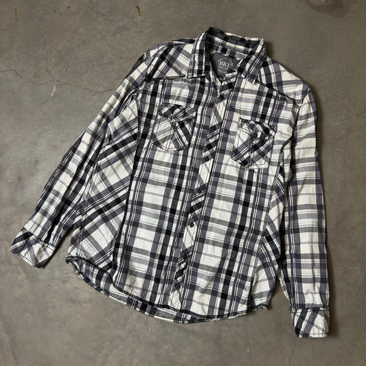 BKE Relaxed Fit Plaid Button Up Shirt Mens L Black White