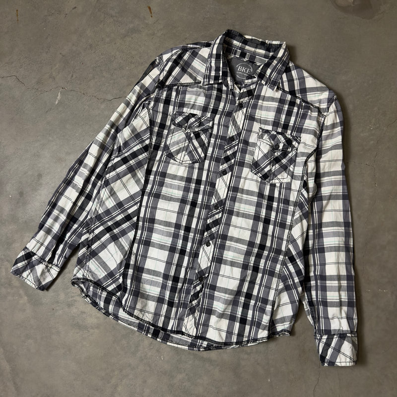 BKE Relaxed Fit Plaid Button Up Shirt Mens L Black White